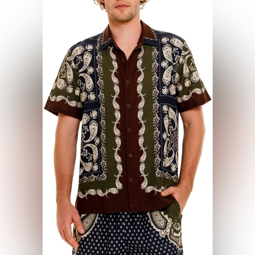 NWT Agua Bendita Jack Cipres Paisley Short Sleeve Button Front Shirt Sz S